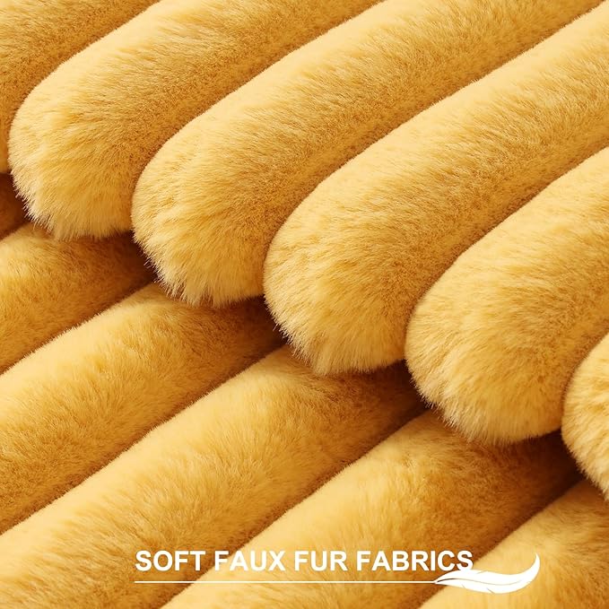 Pallene Faux Fur Plush Throw Pillow Covers 26x26 Set of 2, Luxury Soft Fluffy Striped Decorative Pillow Covers for Sofa, Couch, Living Room, Mustard Yellow
