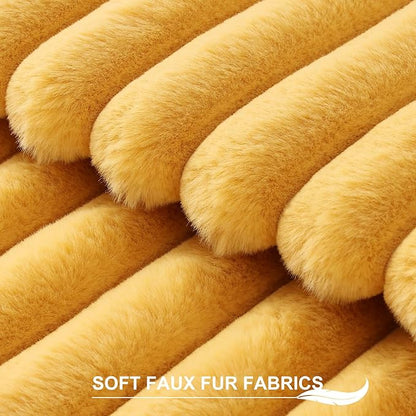 Pallene Faux Fur Plush Throw Pillow Covers 22x22 Set of 2, Luxury Soft Fluffy Striped Decorative Pillow Covers for Sofa, Couch, Living Room, Mustard Yellow