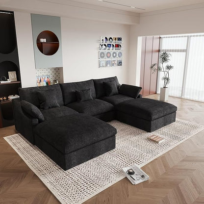 JACH U Shaped Sectional Couches, Cloud Sectional Couch with Deep Seat, 119" Down Filled Modular Sofa with Chaise, Covers Removeable & Washable, Sofas Furniture for Living Room, Black