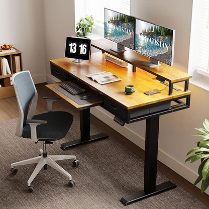 AODK Electric Standing Desk with Drawers & Keyboard Tray, 55 Inch Height Adjustable Gaming Desk with Power Outlets & LED Lights, Sit Stand Table with Monitor Stand for Home, Office, Rustic Brown