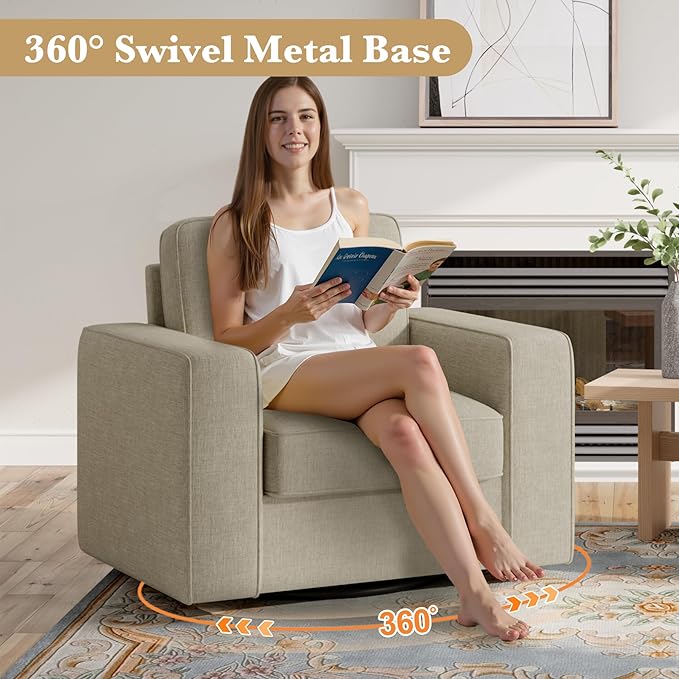 Swivel Accent Chair, FSC Certified Single Sofa 36'' Width Extra Wide Mid-Century Modern Armchair 1 pcs for Living Room, Bedroom, Office-Beige