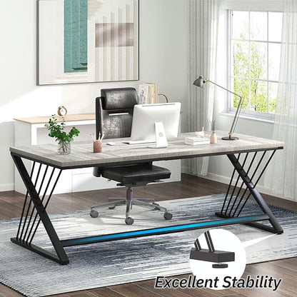 FOLUBAN 70.9" Industrial Computer Desk with Z-Shaped Legs, Modern Home Office Desk for 2 Person, Large Gaming Executive Workstation Study Table for Bedroom Writing, Light Grey