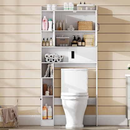 ChooChoo Over The Toilet Storage Cabinet, Farmhouse Bathroom Shelf Over Toilet with Adjustable Shelves, Above Toilet Storage Cabinet with Sliding Door for Bathroom, Laundry Room, White
