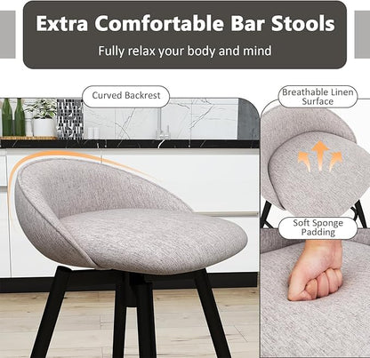 COSTWAY Bar Stools Set of 2, 25" Upholstered Counter Height 360° Swivel Bar Stools w/Backrest & Footrest, Heavy-Duty Metal Frame Armless Breakfast Chairs for Kitchen, Living Room (Set of 2,Grey)