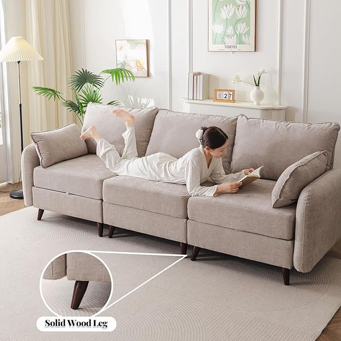 135'' Modular Sectional Sofa with Storage Seat,Oversized U Shaped Couch with Ottoman,7 Seater Couches for Living Room,Bedroom,Velet,Khaki