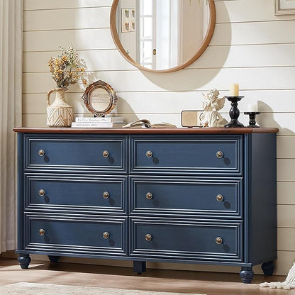 6 Drawers Dresser for Bedroom, Farmhouse 54" Wide Wood Dressers Chest of Drawers, Vintage Design TV Stand, Rustic Storage Dresser Organizer with Metal Handle Closet for Living Room, Hallway