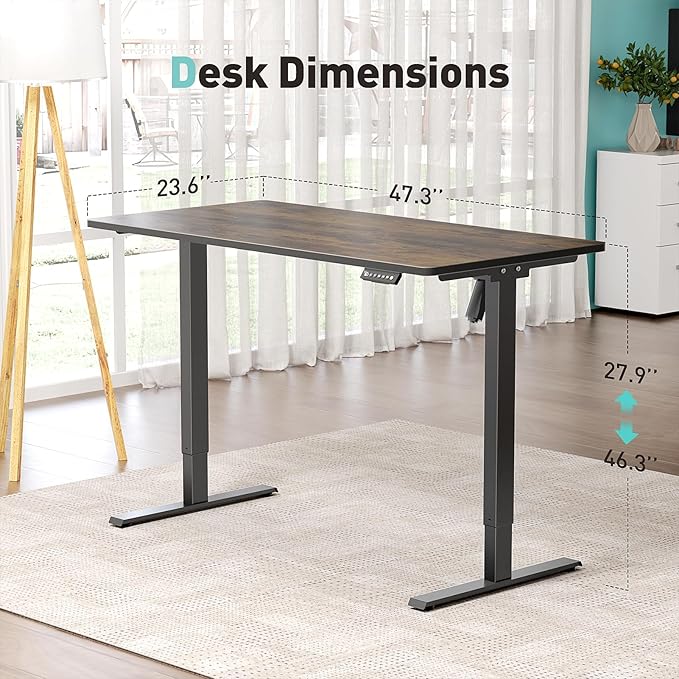 One-Piece Electric Standing Desk, 48 x 24 Inch Adjustable Height Sit to Stand Up Desk for Home Office, Work & Study, Black Frame & Brown Desktop (2 Packages)
