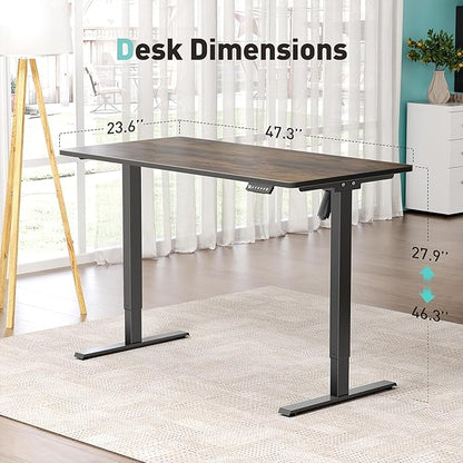 One-Piece Electric Standing Desk, 48 x 24 Inch Adjustable Height Sit to Stand Up Desk for Home Office, Work & Study, Black Frame & Brown Desktop (2 Packages)