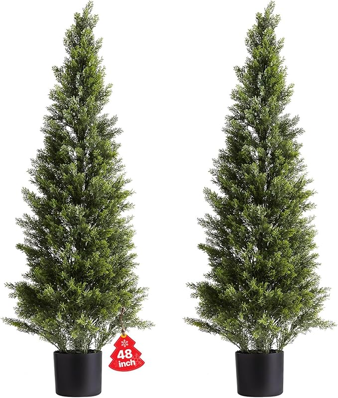 VEVOR Artificial Cedar Topiary Trees, 48 inch 2 Set Faux Pine Shrubs Plants, Fake Silk Tree Look Real, Easy Assembly for Decor Front Porch Outdoor Patio Garden Balcony Backyard Indoor Office