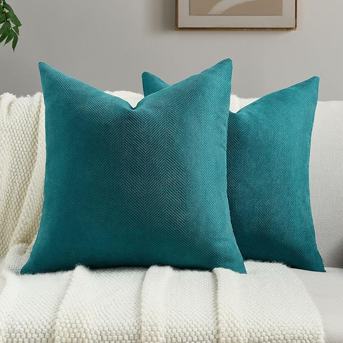 FUTEI Teal Chenille Throw Pillow Covers 22x22 Inch Set of 2,Soft Wide Chevron Textured Cushion Case,Farmhouse Home Decor for Couch Bed Living Room