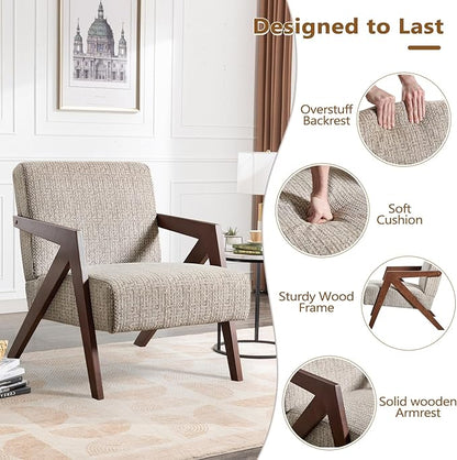 Bonzy Home Mid-Century Modern Accent Chair Set of 2 with Wood Frame, Upholstered Armchair for Bedroom & Living Room, Linen Fabric Cushion, Z-Shaped Armrest Design, Sturdy Lounge Chair,Brown