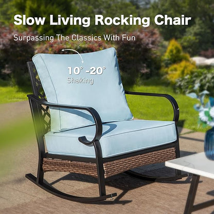 6 Piece Metal Outdoor Patio Furniture Set, 1 3-Seater & 2 Fixed Sofa, 2 Rocking Sofa with 5.75" Thick Cushion & Coffee Table - Black & Blue