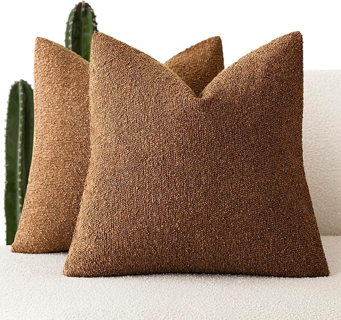 Foindtower Set of 2, Decorative Textured Boucle Throw Pillow Covers Accent Solid Pillow Cases Neutral Soft Cozy Couch Cushion Case for Chair Sofa Bedroom Living Room Home Decor 16x16 Inch Hazel Brown