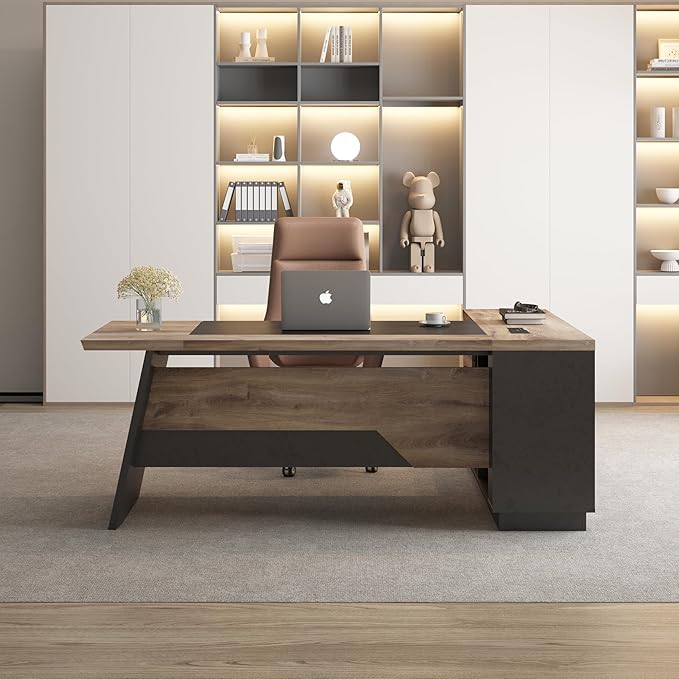 L Shape Executive Desk, Large Office Desk with Drawers & Shelves, 78.74 Inches Industrial Wooden Desk with Storage, Modern Computer Desk for Home Office, Black and Brown, Left Side