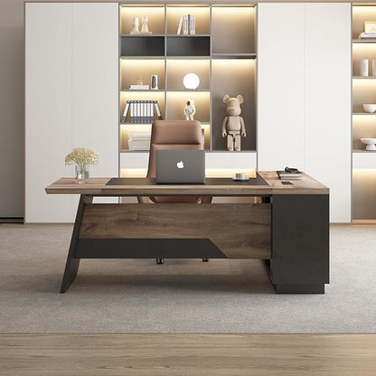 L Shape Executive Desk, Large Office Desk with Drawers & Shelves, 78.74 Inches Industrial Wooden Desk with Storage, Modern Computer Desk for Home Office, Black and Brown, Left Side