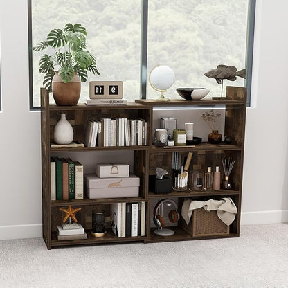 NOBPEINT Wooden Expandable Bookcase, 3-Tier Ladder Open Storage Bookshelf, Storage Organizer Bookcase for Study Office Living Room, Brown