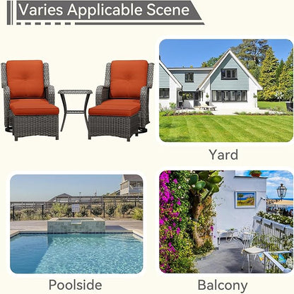 5 Piece Outdoor Patio Furniture Set Wicker Conversation Set Swivel Rocking Chairs with Side Table and Ottomans for Backyard, Porch, Deck, Orange