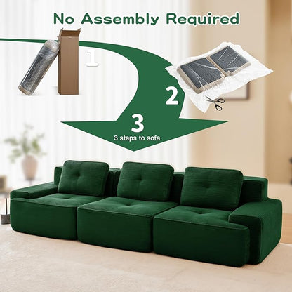 115.3” Green Boneless Couches for Living Room, Modular Sectional Sofa, 3 Seater Comfy Upholstered Deep Seat Corduroy Fabric Cloud Couch No Assembly, Anti-Slip Design