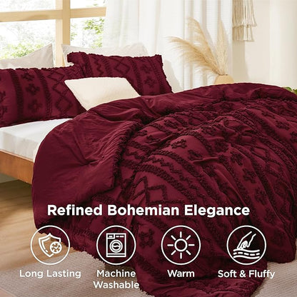 Bedsure Tufted Boho Comforter Set King Size - Dark Red Boho Bed Set, GentleSoft™ 3 Pieces Farmhouse Shabby Chic Embroidery Bedding, Gifts for Woman, Soft Jacquard King Comforter for All Seasons