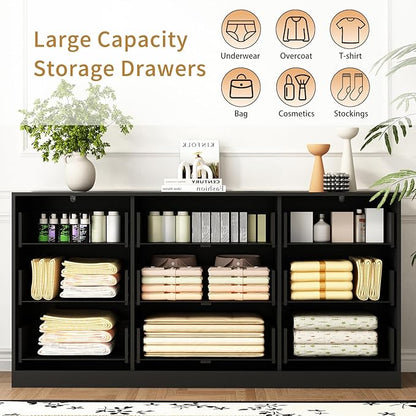 9 Drawer Dresser for Bedroom with Deep Drawers, 63" Wide Wood Dresser, Large Floor Chest of Drawers, Modern Long TV Stand, Storage Cabinet Side Table, Black