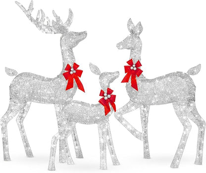 Best Choice Products 3-Piece Large Lighted Christmas Deer Family Set 5Ft Outdoor Yard Decoration with 360 LED Lights, Stakes, Zip Ties - Silver