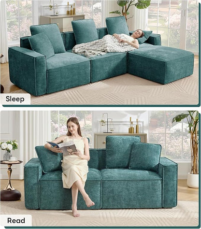 WILLOVE 141'' Modular Sectional Sofa, Chenille Cloud Couch with Wide Armrests & 6 Pillows, Deep Seat Couches for Living Room, Green