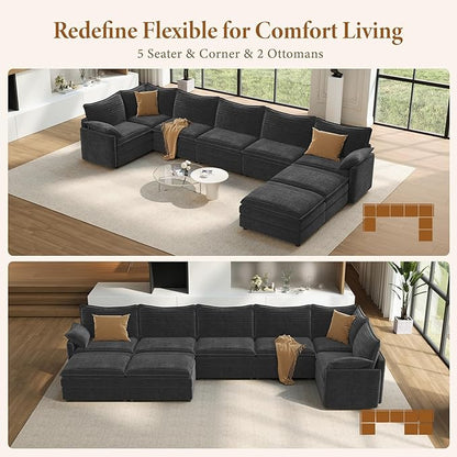 Vesgantti Large Modular Sectional Sofa, Big Comfy Cloud Couch with Ottoman Deep Seat Corduroy Cloud Sofa, 8 Seater Large Sectional Couches for Living Room, Bedroom and Apartment, Gray