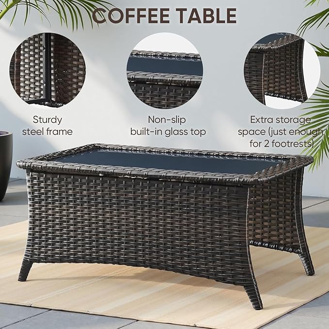 Swivel Patio Chairs sofa Set of 6 with 6" Thick Cushion - Wicker Outdoor Swivel Rocker Patio Chair ,Sofa/Glass coffee table, High Back Comfortable Outdoor Glider Chairs - Gery Wicker Blue Cushions