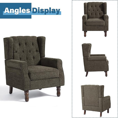 High Back Accent Chair, High Wingback Chair for Living Room, Button-Tufted Upholstered Fabric Armchair with Solid Wood Legs, Comfy Single Sofa Reading Chair for Bedroom, Taupe