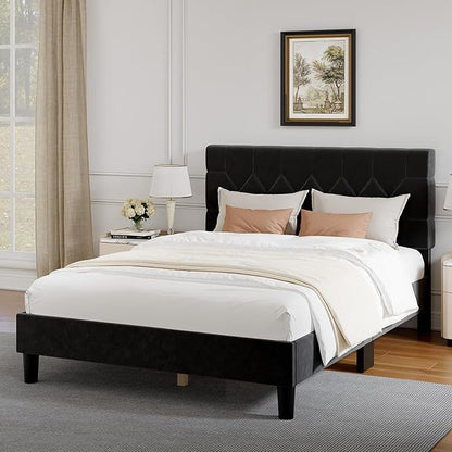 Novilla Full Size Bed Frame, Full Bed Frame with Headboard, Velvet Upholstered Pull-Point Headboard, No Box Spring Needed, Heavy Duty Feet, Easy Assembly, Black Velvet