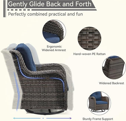 2 Pieces Outdoor Swivel Rocker Patio Chairs Set - Outdoor Wicker Patio Conversation Sets with 1 Side Table, Olefin Fabric Cushions Suitable for Backyard Deck and Porch, Blue