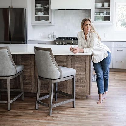 Maven Lane Vienna Counter Stool 26 Inches High – Swivel Stool with Footrest – Grey Solid Wood and Grey Fabric Upholstery – Perfect for Kitchen Islands and Counters