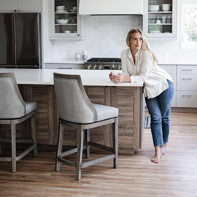 Maven Lane Vienna Counter Stools 26 Inches – Set of 3 – Swivel Stools with Footrests – Grey Solid Wood and Grey Fabric Upholstery – Ideal for Kitchen Islands and Counters