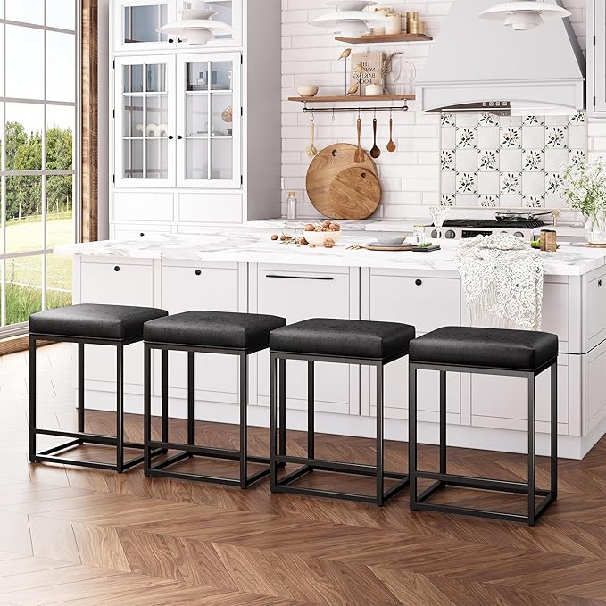 ALPHA HOME 24 Inch Counter Height Bar Stools Set of 3, Upholstered Bar Stools for Kitchen Island, Counter Stools with Faux Leather Cushion and Sturdy Metal Frame, Modern Barstools, Black