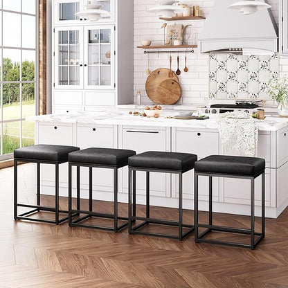 ALPHA HOME 24 Inch Counter Height Bar Stools Set of 3, Upholstered Bar Stools for Kitchen Island, Counter Stools with Faux Leather Cushion and Sturdy Metal Frame, Modern Barstools, Black