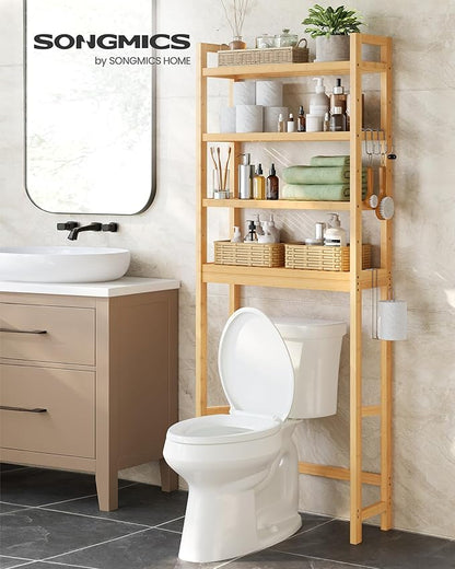 SONGMICS Over The Toilet Storage, 4-Tier Over Toilet Bathroom Organizer with Adjustable Shelves, 10.2 x 24.8 x 72.8 Inches, Space-Saving, Natural Beige UBTS041N01