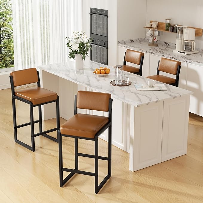 Counter Stools Set of 4, Faux Leather Bar Height Stools with High Back and Metal Legs, Upholstered Bar Chairs, 26" Modern Barstools for Kitchen Island, Caramel