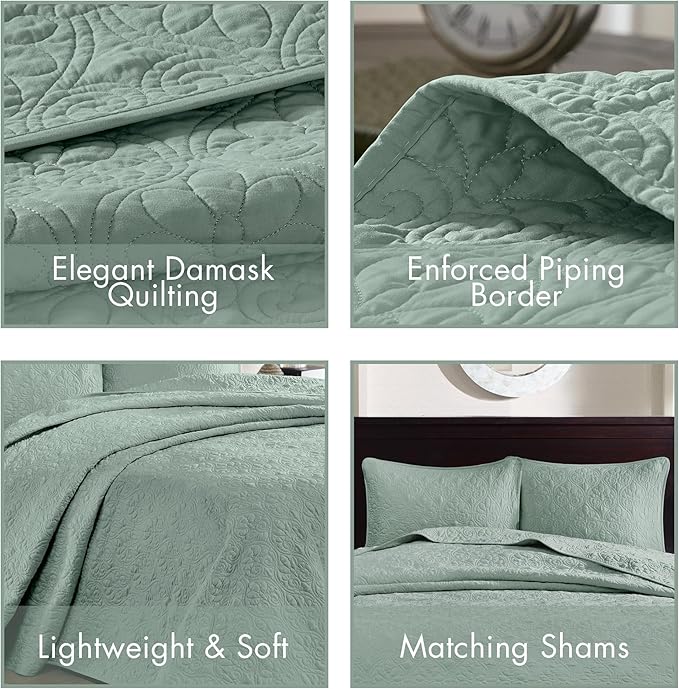 Madison Park Quebec Reversible Quilt Set Damask Design, Double Sided Stitching All Season, Lightweight Bedspread Bedding Set, Matching Sham, Seafoam, Twin(81"x110") 2 Piece