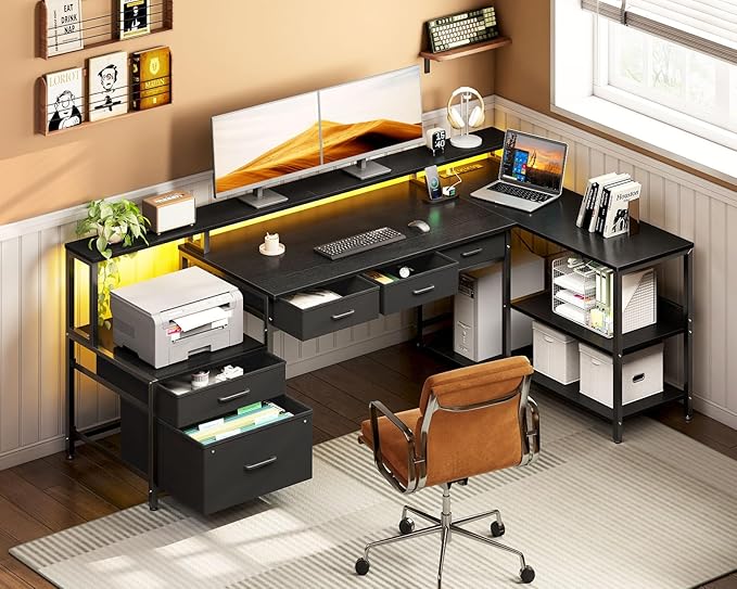 AODK L Shaped Desk with 5 File Drawers, 66" Reversible L Shaped Computer Desk with Power Outlet & LED Strip, Office Desk with Storage Shelves, Gaming Desk with Monitor Shelf, Corner Desk, Black