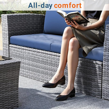 Wisteria Lane 4 Piece Patio Furniture Set, Wicker Outdoor Patio Conversation Furniture Set, All Weather Outdoor Patio Sofa with Cushion and Glass Table, Dark Blue