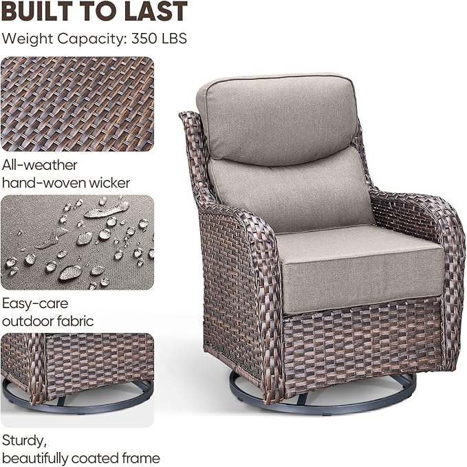 Swivel Patio Chairs Set of 2 with 6" Thick Cushion - Wicker Outdoor Swivel Rocker Patio Chairs, High Back Comfortable Outdoor Glider Chairs 360° Rotation Glider Brown Wicker-Grey Cushion