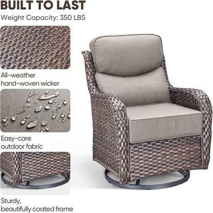 Swivel Patio Chairs sofa Set of 5 with 6" Thick Cushion - Wicker Outdoor Swivel Rocker Patio Chair with Side Table, High Back Comfortable Outdoor Glider Chairs - Brown Wicker | Grey Cushions