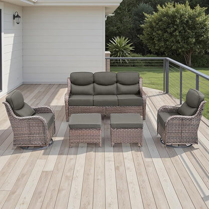 Rilyson Wicker Outdoor Patio Furniture Set - 5 Piece Patio Conversation Sets with Swivel Rocker Chairs, Ottomans and Sofa, 6 inch Cushions, Waterproof Wicker, for Porch Deck Brown/Grey
