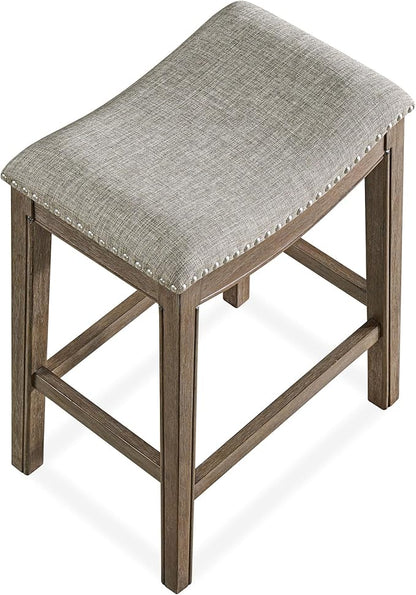 ROME + OAK Set of 4 Parker 26 Inch Counter Stool, Backless Saddle Kitchen Barstool in Walnut Finish with Grey Fabric Upholstery Cushion Seat