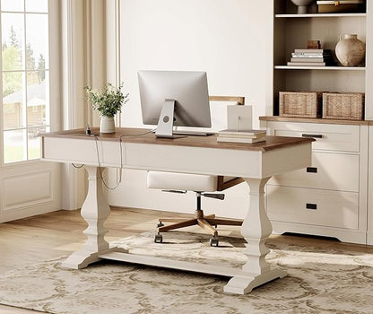 WAMPAT 60-inch Vintage Wood Home Office Desk with Stable Solid Wood Pedestral Legs, Tradional Rustic Writing Table Executive Desk with Deep Drawers and Power Outlets for Office,Study,Antique White