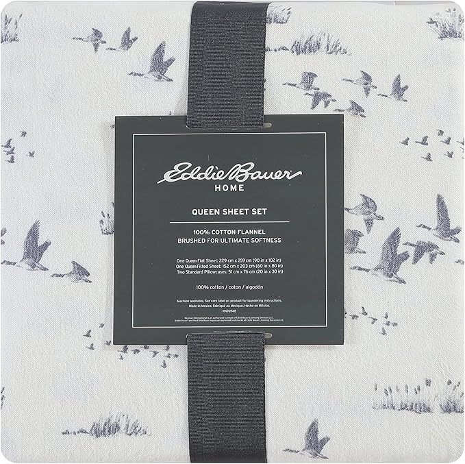 Eddie Bauer - Flannel Sheets Full Size, Anti-Pilling & Wrinkle Resistant Cotton, Touchably Soft for All-Season Comfort - Bed Sheets with Matching Pillowcases & Fitted Sheet (Geese Meadow Yellow)