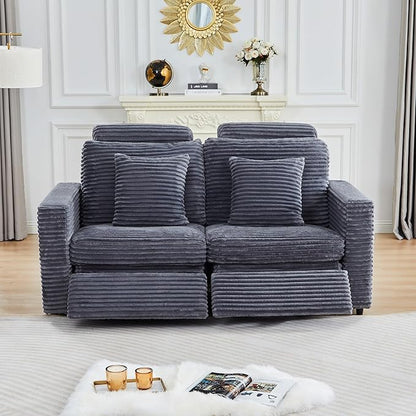 Power Reclining Sectional Sofa, Electric Loveseat Recliner with 2 Electric Footrest and Adjustable Headrest, Modern Plush Corduroy Fluffy Reclining Sectional with Deep Seat for Living Room-Blue Grey