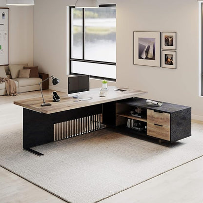 78.7 Inch Large Executive Desk with Drawers Cabinet, L Shaped Office Desk, Computer Desk with Universal Charging Ports and Cable Management for Business Furniture Set Workstation for Home Office