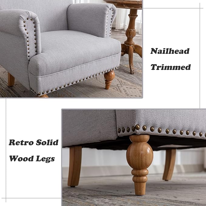 Linen Accent Chairs Set of 2 Mid-Century Modern Living Room Armchair with Nailhead Trim & Wood Legs Comfy Upholstered Single Sofa Chair for Lounge/Bedroom/Reception, Grey