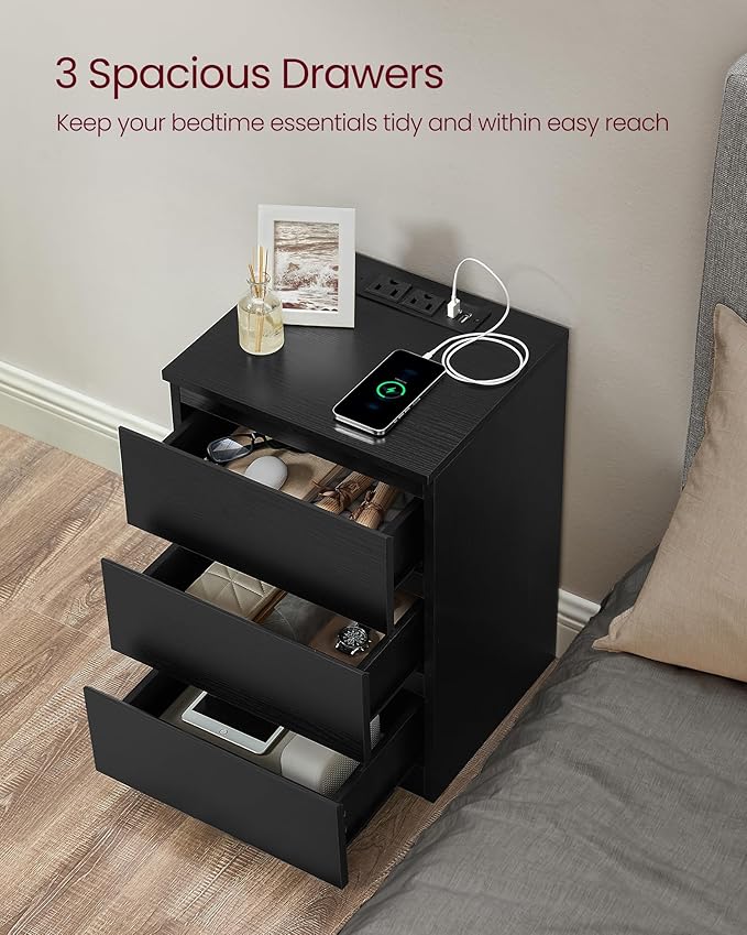 VASAGLE Nightstands with Charging Station, Set of 2, AC Outlets and USB Ports, Bedside Tables, Side Tables with 3 Drawers, Modern Style, 13.8 x 15.7 x 23.2 Inches, Ebony Black ULET731B58